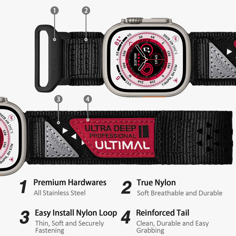 ULTIMAL Band Compatible with Apple Watch 49mm 45mm/44mm/42mm 41mm/40mm/38mm, Tough Breathable Nylon Sports Strap, Hollow Out Design for iWatch Series 8/7/6/5/4/SE/3/2/1/Ultra 45mm/44mm/42mm - L Black