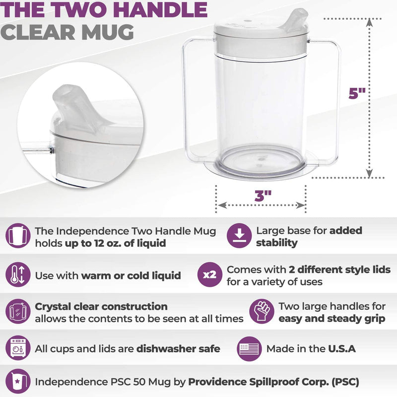 Independence 12oz 2-Handle Plastic Mug with 2 Style Lids, Lightweight Drinking Cup with Easy-to-Grasp Handles for Hot and Cold Beverages, PSC 50 Spill-Resistant Adult Sippy Cup 3 Count (Pack of 1)