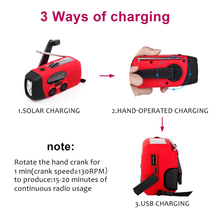 Solar Hand Crank Emergency Weather Radio ,NOAA / AM / FM Portable Radio with 3 LED Flashlight 1000mAh Power Bank Cellphone Charger