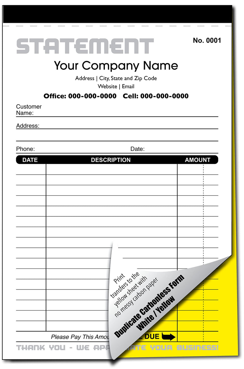 Custom Statement - Personalized Duplicate Carbonless Form with Your Company Name - 2 Books (100 Sets) Numbered