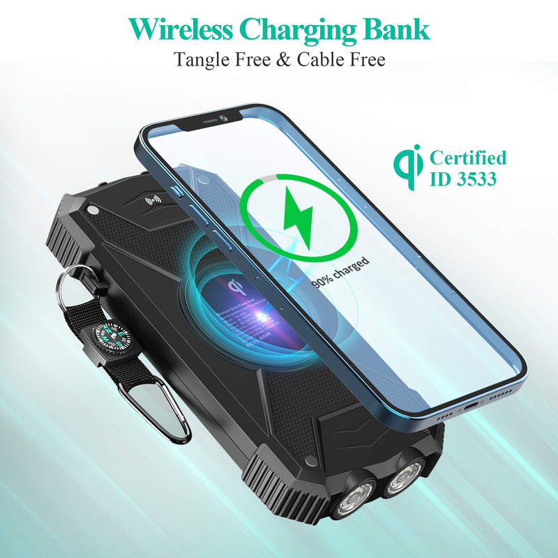 Solar Charger Power Bank, Qi Wireless Charger 10,000mAh External Battery Pack Type C Input Port Dual Flashlight, Compass, Solar Panel Charging (Black) Black