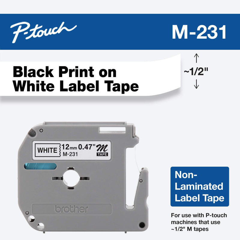 Brother Genuine P-touch M-231 Tape, 1/2" (0.47") Standard P-touch Tape, Black on White, for Indoor Use, Water Resistant, 26.2 Feet (8M), Single-Pack