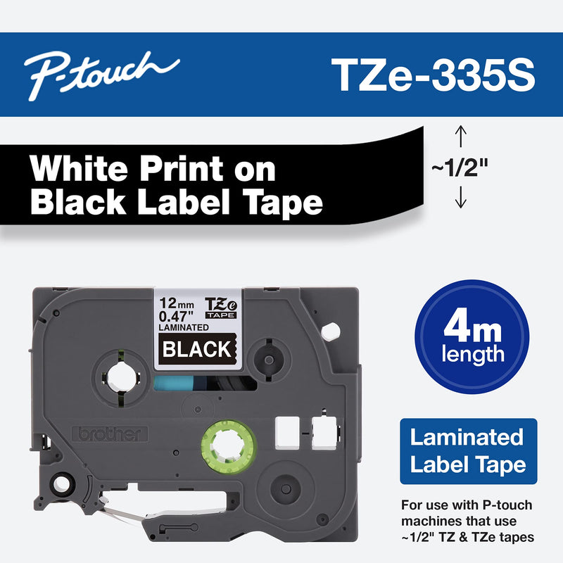 Brother Genuine P-Touch TZE-335S Label Tape, Standard Laminated P-Touch Tape, White on Black, Laminated for Indoor or Outdoor Use, Water Resistant, (4M), Single-Pack