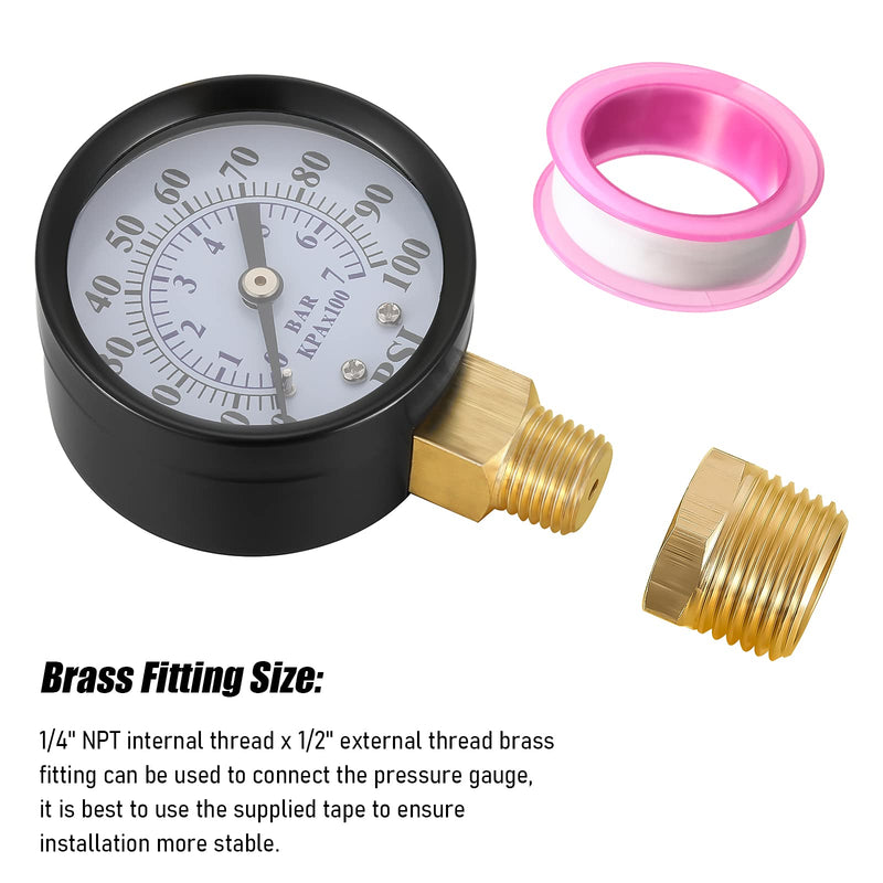 2 Inch Dial Face 1/4 Inch NPT Water Pump Pressure Gauge with 1/4 Inch NPT Male 1/2 Inch NPT Adapter Brass Fitting and Tape