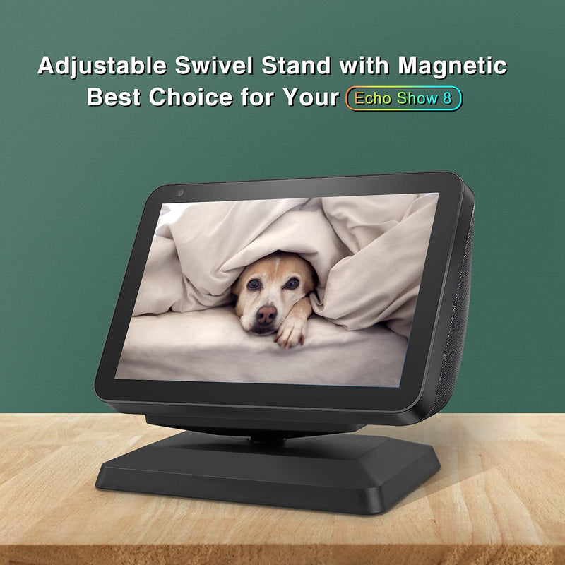 Stand for Echo Show 8, Adjustable Mount Accessory Smart Speaker 360 Degree Swivel Holder for Echo Show 8 with Magnetic Attachment Anti-Slip Base (Black) Black