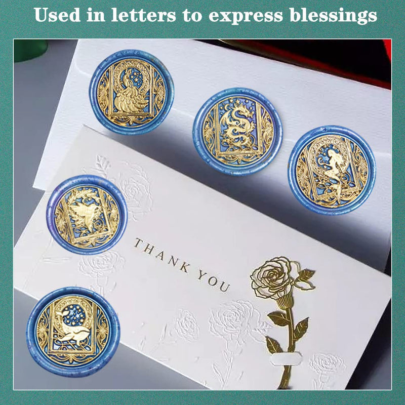 Wax Seal Stamp, Animal Wax Seal Stamp Set with 6 PCS Removable Brass Heads and 1 Wooden Handle, Dragon Mermaid Peacock Wax Seal Stamp Kit for Wedding Invitation Envelopes Decoration Starry Animal Wax Seal Stamp Set 1