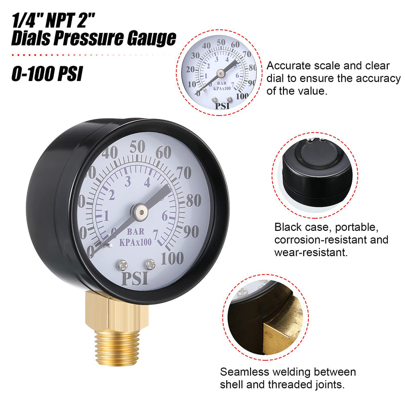 2 Inch Dial Face 1/4 Inch NPT Water Pump Pressure Gauge with 1/4 Inch NPT Male 1/2 Inch NPT Adapter Brass Fitting and Tape