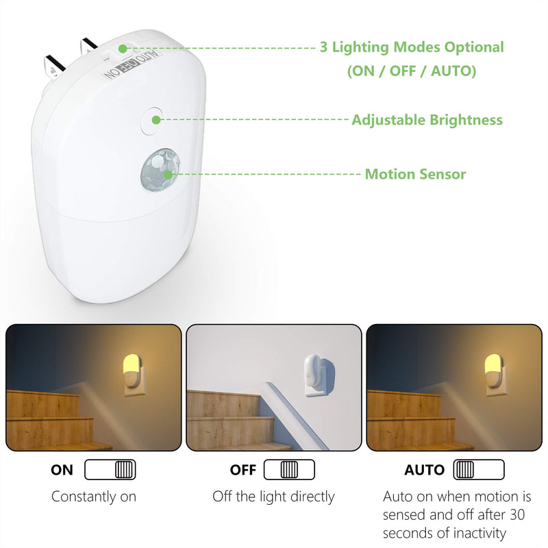 MAZ-TEK Plug in Motion Sensor Dimmable Night Light, Soft Warm White LED Nightlight with Dusk to Dawn Motion Sensor, Adjustable Brightness for Bedroom, Bathroom, Kitchen, Hallway, Stairs,2 Pack