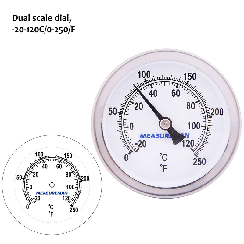 MEASUREMAN Hot Water Bi-Metal Thermometer, 2-1/2" Dial, 1-3/4" Lead-Free Brass Stem, Range 0-250 deg F/-20-120 deg C, 2% Accuracy, Adjustable, 1/2" NPT Back Mount