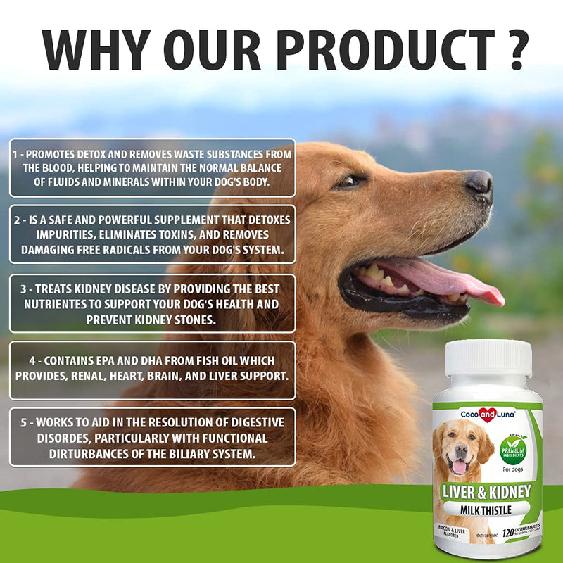 Coco and Luna Milk Thistle for Dogs, Liver Support for Dogs, Detox, Hepatic Support, Promotes Liver Healthy Function for Pets, VIT B1, B2, B6, B12 Tablet 120 Count (Pack of 1)