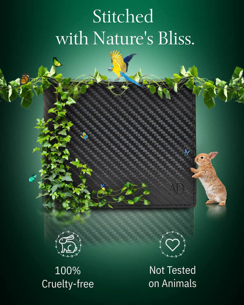 Vegan Leather Bifold Wallets For Men - Cruelty Free Non Leather Mens Wallet With ID Window RFID Gifts For Him Black Carbon Fiber