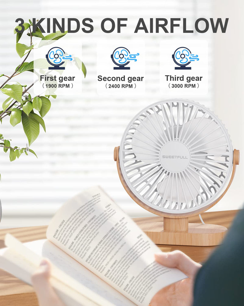SWEETFULL 6.4 Inch USB Small Desk Fan, 3 Speeds Quiet Portable Desktop Table Fan, 360Â° Adjustment Personal Mini Fan for Home Office Car Outdoor Travel (White wood grain )