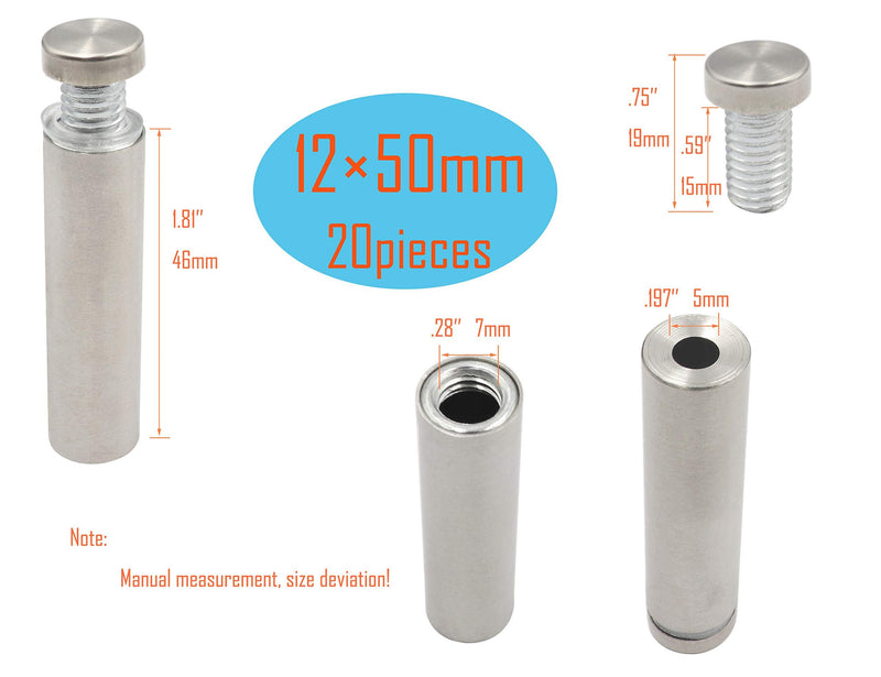 LBY 20pcs Glass Standoff Mount Stainless Steel Wall Standoff,12mm x 50mm(.47''x1.97'') Sign Standoff Screws, Advertising Screws Mounts Glass Acrylic Nail,Stainless Steel Silver