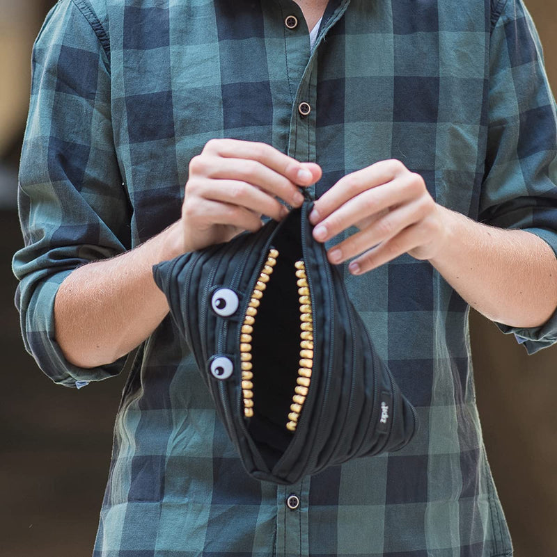 ZIPIT Grillz Large Pencil Case, Holds Up to 60 Pens, Machine Washable, Made of One Long Zipper! (Black)