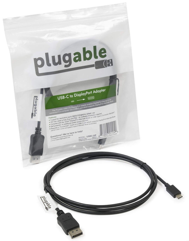 Plugable USB C to DisplayPort Adapter - 6ft (1.8m) Adapter Cable (Supports Resolutions up to 4K at 60Hz)