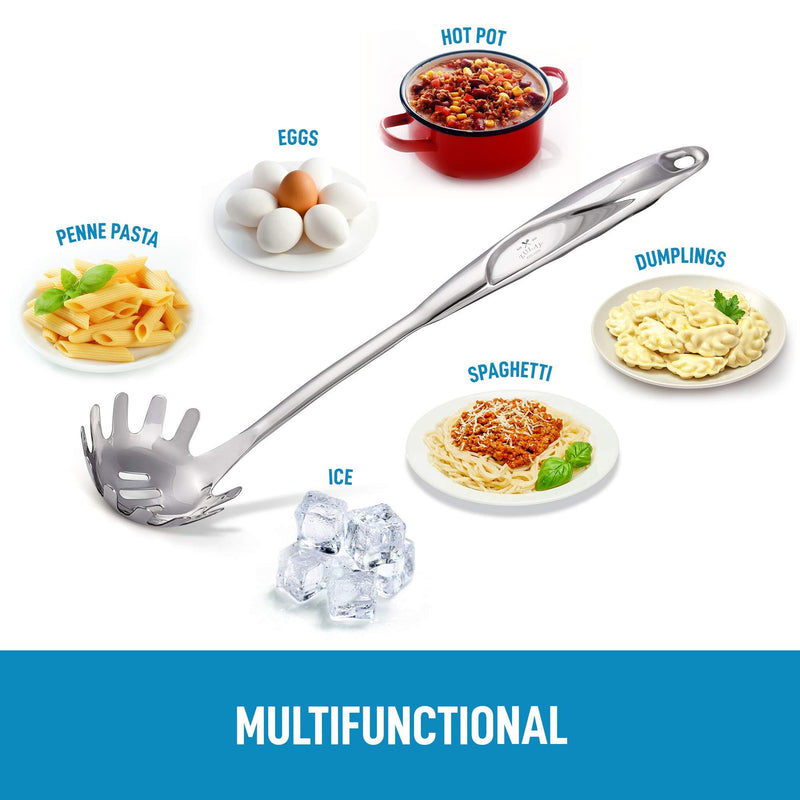 Zulay Kitchen Pasta Server - Durable Food Grade Stainless Steel Pasta Spoon Server With Ergonomic Handle & Heat Resistant Design - Kitchen Spaghetti Server Fork For Noodles, Pasta, & More (12 inch)
