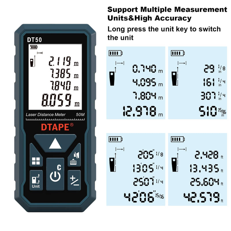 Laser Measure 165ft, DTAPE DT50Laser Distance Meter 50M, Portable Handle Digital Measure Tool Range Finder, Larger Backlit LCD 4 Line Display IP54 Shockproof