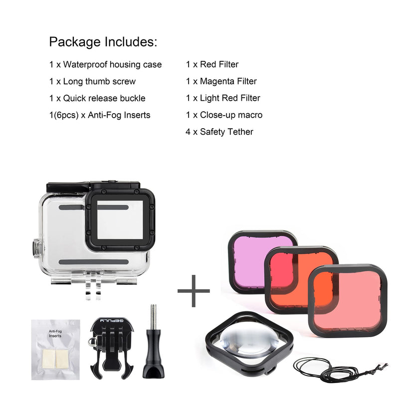 GEPULY Waterproof Housing Case with Diving Filters for GoPro Hero 5 6 7 Black Hero (2018) Cameras - 45M Underwater Diving Housing Shell with Red/Light Red/Magenta / x5 Close-up Filters Waterproof Case with 4 Filters for Hero 5/6/7 Black