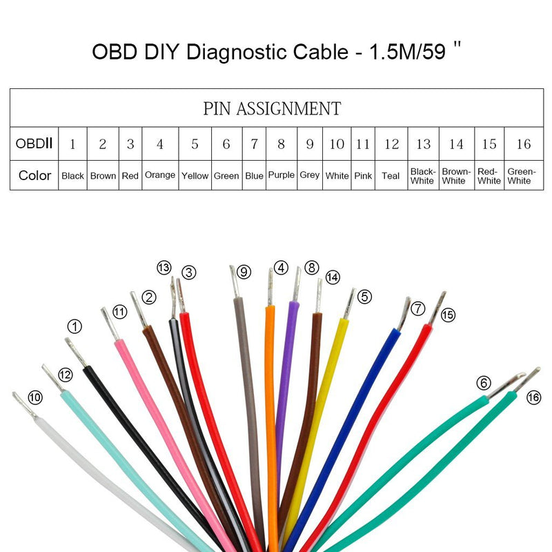 iKKEGOL 16 Pin J1962 OBD2 OBD-II Male Connector to Open Plug Wire, OBD Diagnostic Extension Cable Pigtail for DIY (60cm 24" inch, 2ft) 1x Male connector Pigtail