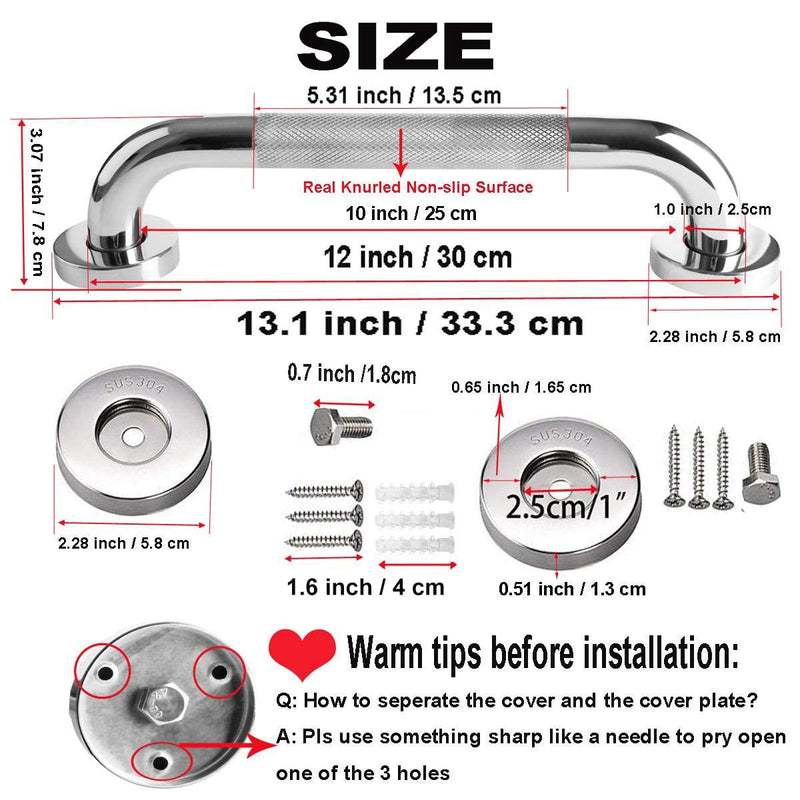 12 Inch Anti Slip Shower Grab Bar Handle, ZUEXT Chrome Finish Stainless Steel Bathroom Grab Bar, Knurled Bathroom Balance Bar,Safety Hand Rail Support,Handicap Elderly Injury Senior Assist Bath Handle 12 Inch (Pack of 1)