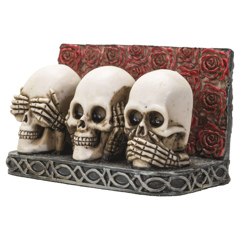 Skull Business Card Holder for Desk, Hand Painted See Hear Speak No Evil Gothic Desktop Name Cards Display Organizer, 3 3/4"L x 2 1/8"H