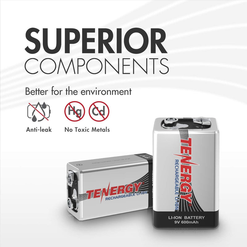 Combo: 4pcs Tenergy 9V 600mAh Li-ion Rechargeable Batteries 4 pcs
