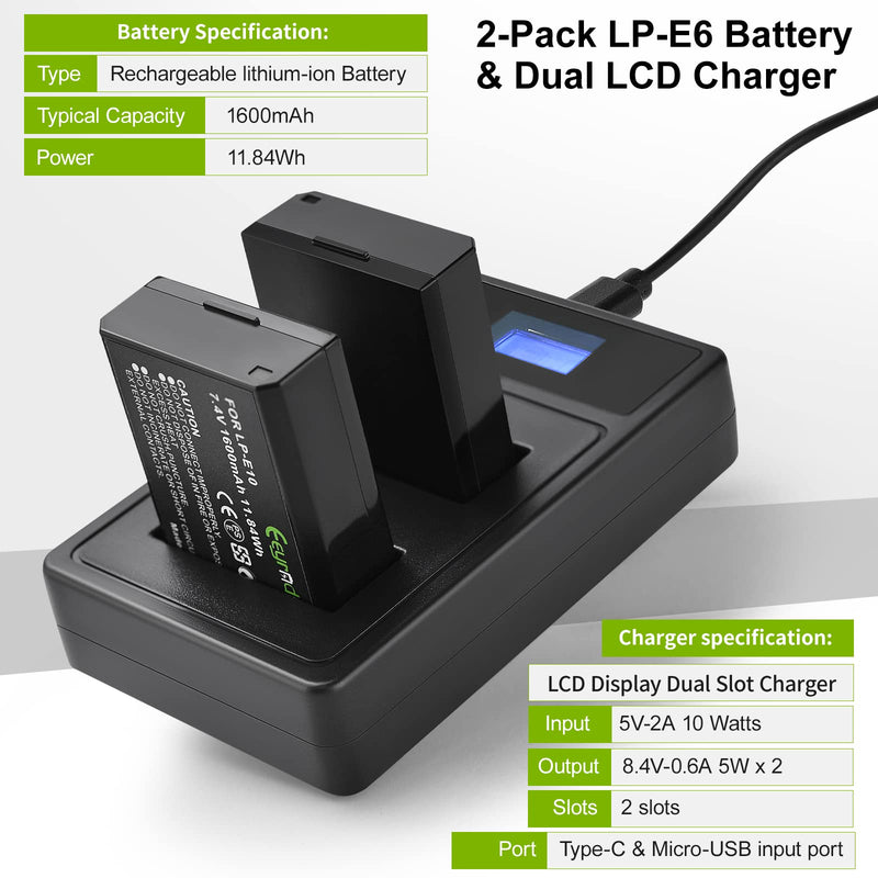 Eeyrnduy LP-E10 2-Pack Battery and Charger Set Replacement for Canon EOS Rebel T7 T6 T5 T3 T100 Kiss X50 X70 X80 X90 1100D 1200D 1300D 1500D 4000D 1600mAh