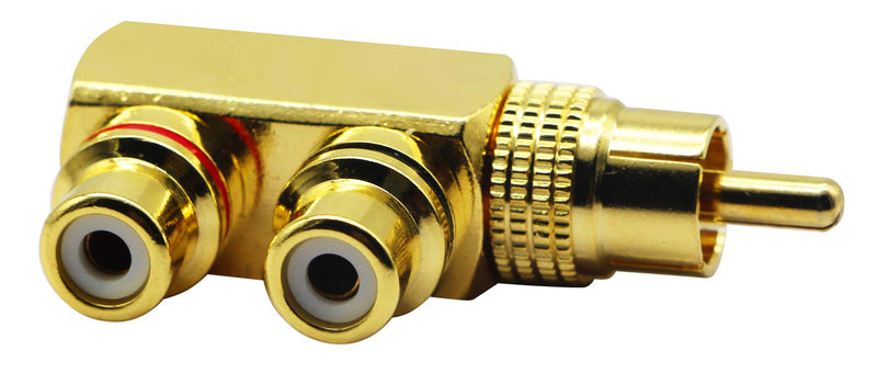 zdyCGTime RCA Splitter Adapter,90 Degree Right Angle RCA Male to 2 RCA Female Plug Audio Video Splitter Adapters Gold-Plated Metal Connector M/F(2 Pack)