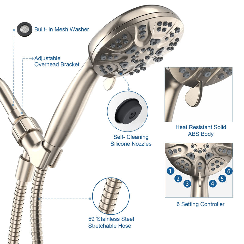 HOPOPRO 6 Functions Handheld Shower Head Set, High Pressure Shower Head High Flow Hand Held Showerhead Set with 59 Inch Hose Bracket Teflon Tape Rubber Washers Brushed Nickel