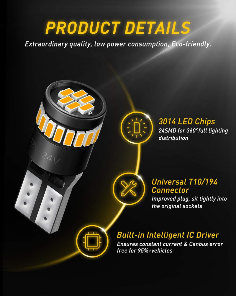 AUXITO 194 LED Light Bulb, Amber Yellow 168 2825 W5W T10 Wedge 24-SMD 3014 Chipsets LED Replacement Bulbs for Car Dome Map License Plate Lights (Pack of 10)