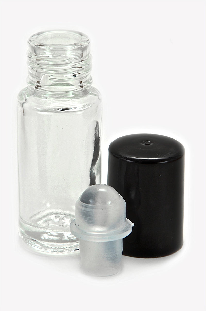 24, Clear, Mini (Approx. 4 ml, 1/8 fl. oz) Glass Roll on Bottles, with 3-3 ml Droppers