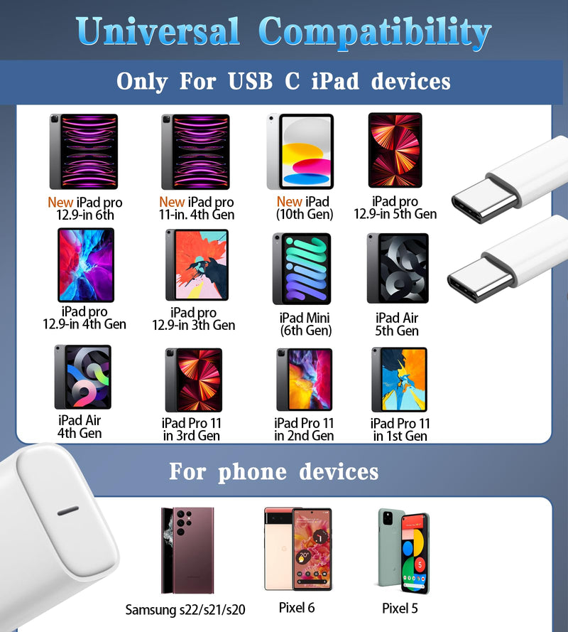 20W USB C Fast Charger for iPad Pro 12.9/11/2021/2020/2018, iPad Air 5/4th/10.9 inch, iPad 10th Generation,iPad Mini 6 Gen,iPad Charger Block Fast Charging with 10ft USB C Charging Cable Cord White