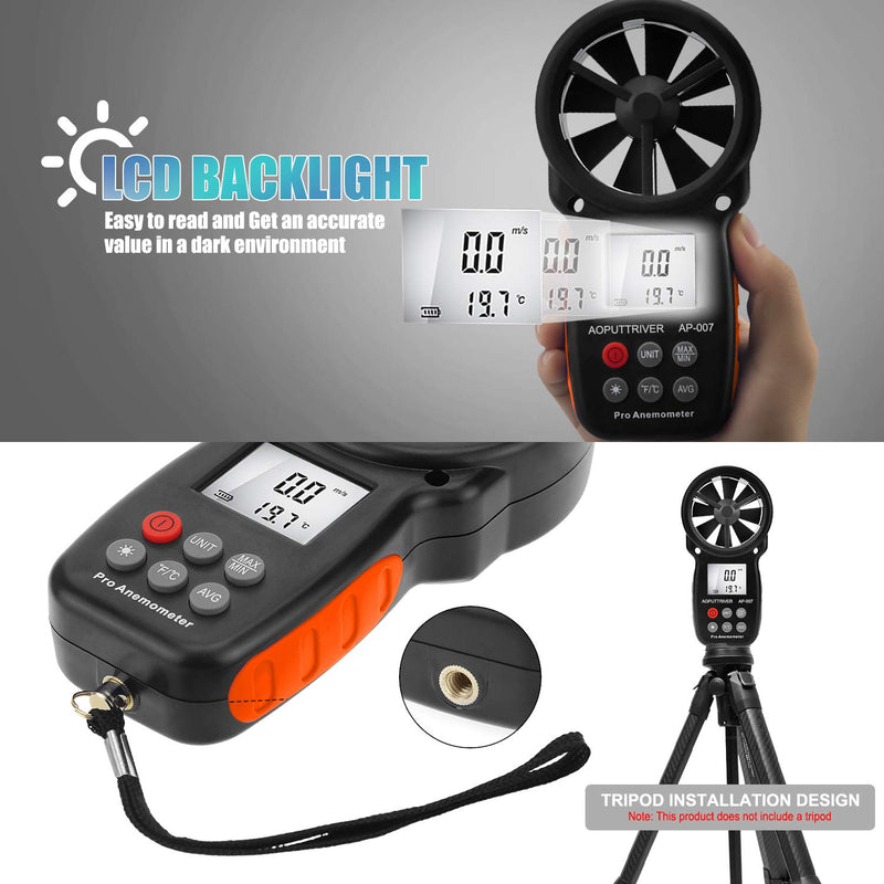 Anemometer Handheld, Portable Anemometer，Velometer, Anemometer for HVAC with Wind Speed, Temperature（℃/℉）and Backlit Air Flow Meter for Shooting, Surfing, HVAC Duct-AP-007
