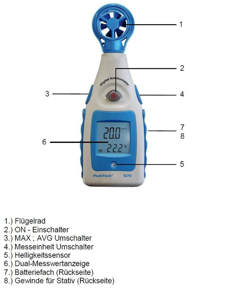 PeakTech Impeller Anemometer Digital, wind measuring device for wind speed in knots and wind chill with additional temperature measurement, 1 piece, P 5170