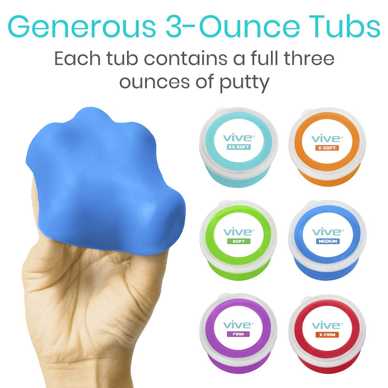 Vive Exercise Putty (6-Pack) - Therapeutic, Occupational and Therapy Tool - Thinking and Stress - Finger, Hand Grip Strength Exercises - Extra Soft, Soft, Medium, Firm Sensory Kit - Squeezable Ball