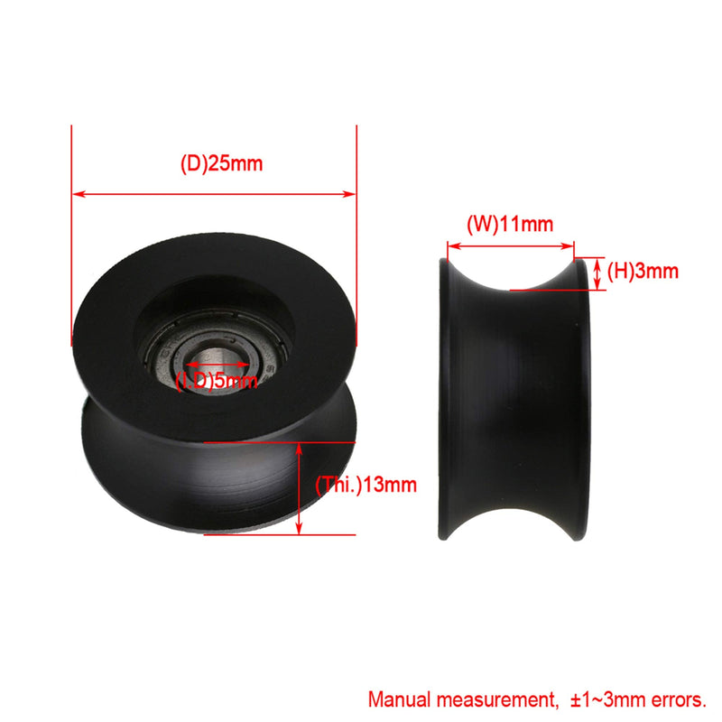 CNBTR 11mm Width 3mm Depth U-Groove Black Plastic Guide Pulley Wheel with Steel Bearing for Max-Load 77kg Pack of 4 5*25*13mm