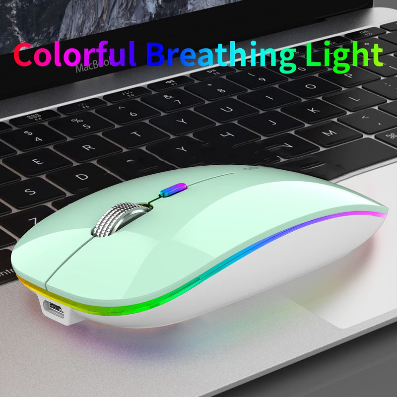LED Wireless Mouse, G12 Slim Rechargeable Wireless Silent Mouse, 2.4G Portable USB Optical Wireless Computer Mice with USB Receiver and Type C Adapter (Mint Green) Mint Green