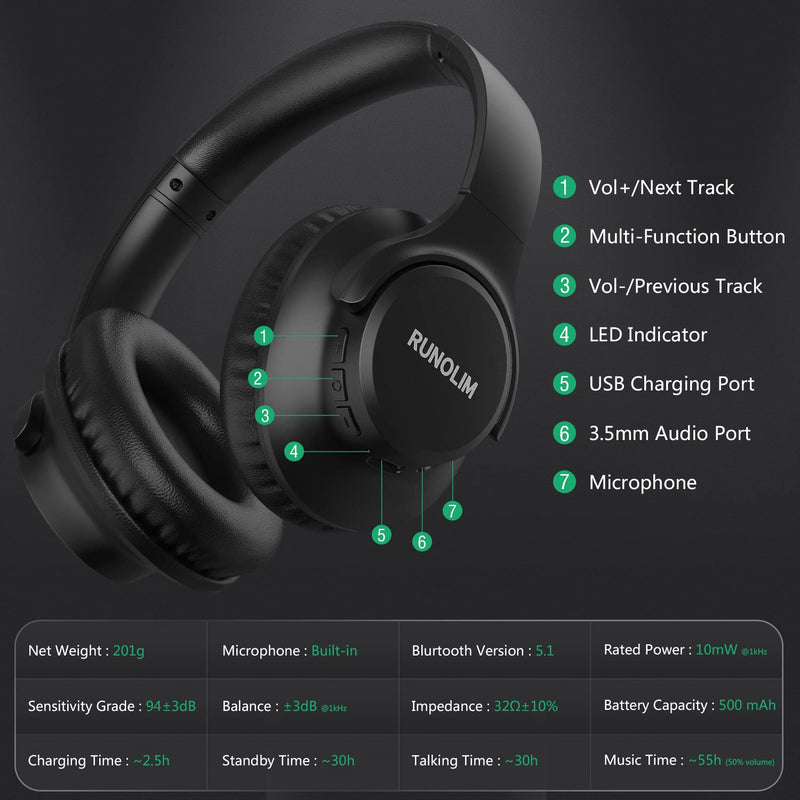 RUNOLIM Bluetooth Headphones Over Ear,Wireless Headphones with Microphone, 55 Hours Playtime Hi-Fi Stereo Sound Lightweight Foldable Headset for Cellphone PC Tablet Laptop, Black