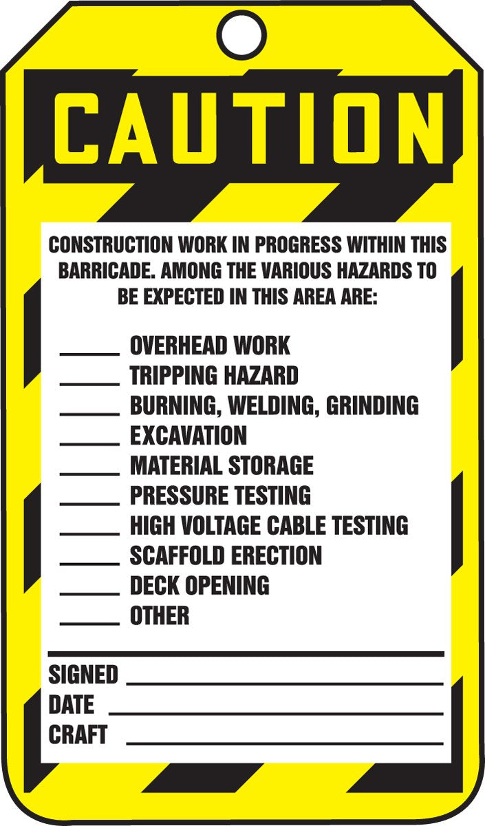 Accuform TAB103PTM RP-Plastic Barricade Status Tag, Legend"Caution Construction Barricade ONLY", 5.75" x 3.25", Black/Yellow on White (Pack of 5)