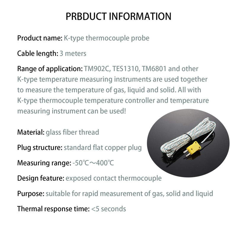 3 Meters K Type Mini-Connector Thermocouple Temperature Probe Sensor Temperature Sensing Line K Type Thermocouple Wire Measure Range -50 to 400 Celsius, Compatible with TM902C/ TES1310 (15 Pieces)