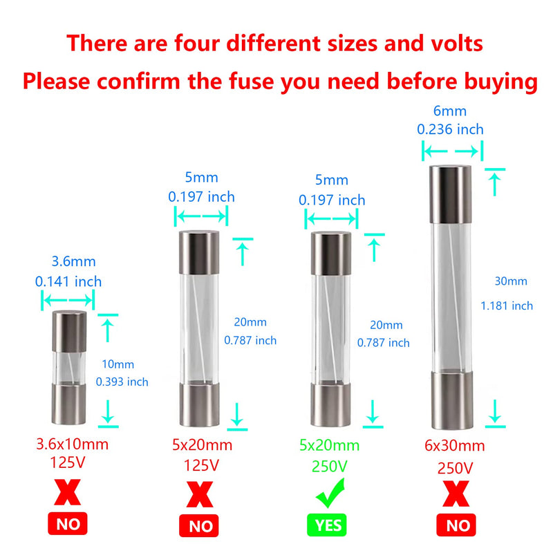 HUAREW T1AL250V 20pcs 5x20mm slow melting glass fuses 1A 250V 0.2 x 0.78 inch time delay fuses T1A