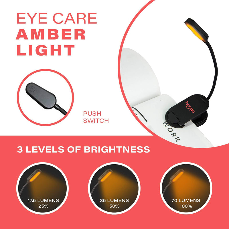 Book Light, Amber, Rechargeable, Blue Light Blocking Clip-On LED Reading Light by Hooga. 3 Brightness. 1600K Temp. Eye Care Light for Strain-Free, Healthy Eyes. Gift for Students, Kids, Book Worms. Amber Light