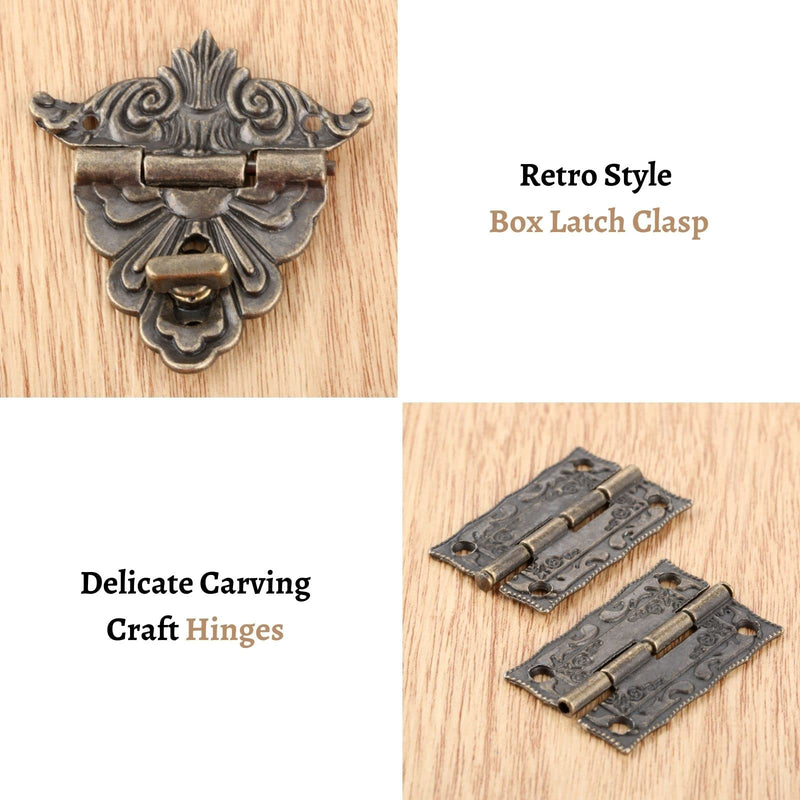 2PCS Antique Hinge & 1 PC Retro Style Padlock Lock Key Latch Clasp Set Box Lock with 12 Screws