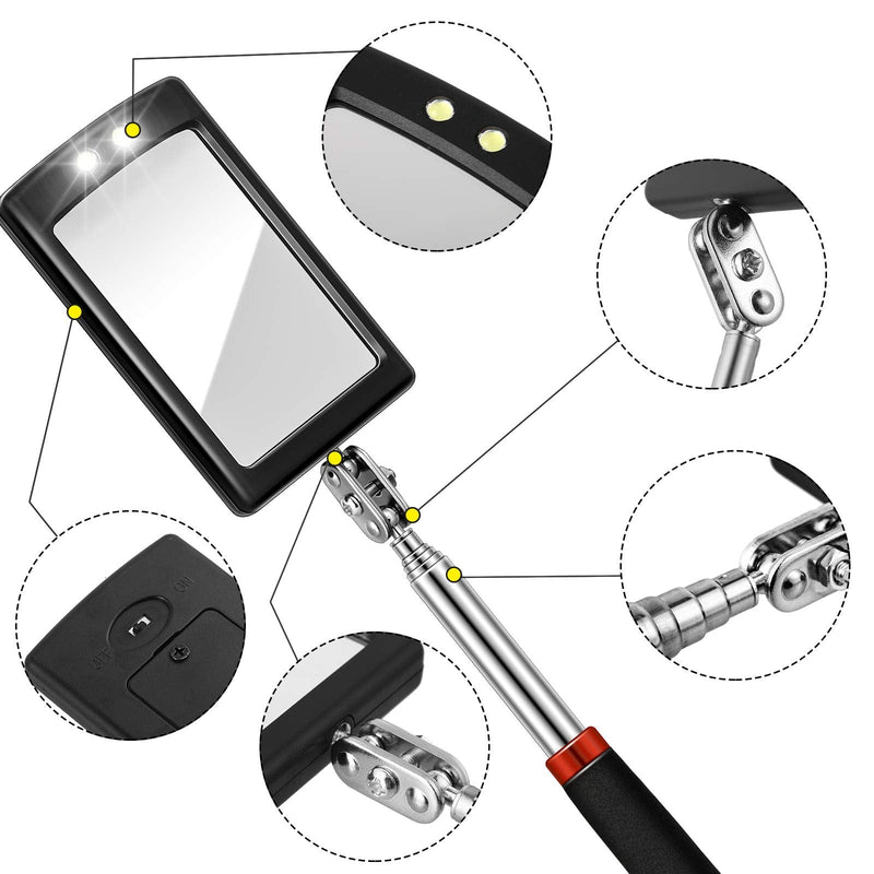 LED Mirror Inspection Telescoping Inspection Mirror Round Mirror Square Mirror Inspection Tool for Check The Condition of The Vehicle, Observe The Eyelashes, Mouth and Other Small Parts (2 Pieces) 2