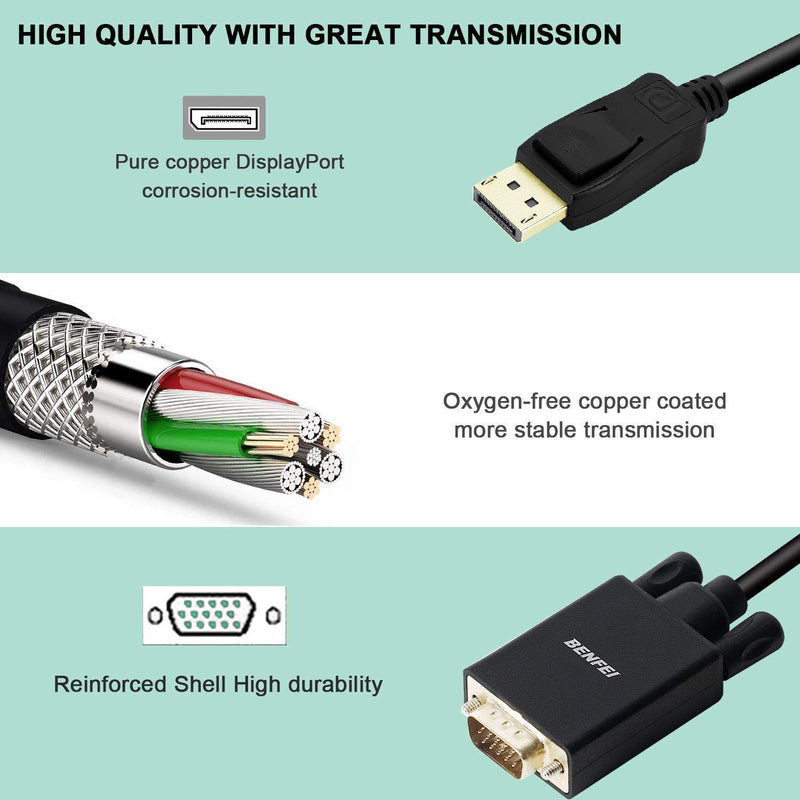 DisplayPort to VGA Adapter, Benfei DP DisplayPort to VGA 6 Feet Cable Male to Male Gold-Plated Cord Compatible for Lenovo, Dell, HP, ASUS and Other Brand 1 PACK