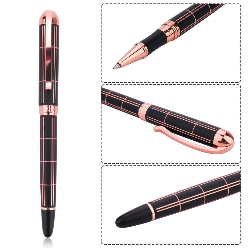 Rose Gold Gel Ink Rollerball Pen - Geometric Stripe Style Copper Grip Metal Pens in Adorable Box with 1 Extra Refill (Black Ink, 0.7mm Fine Point)