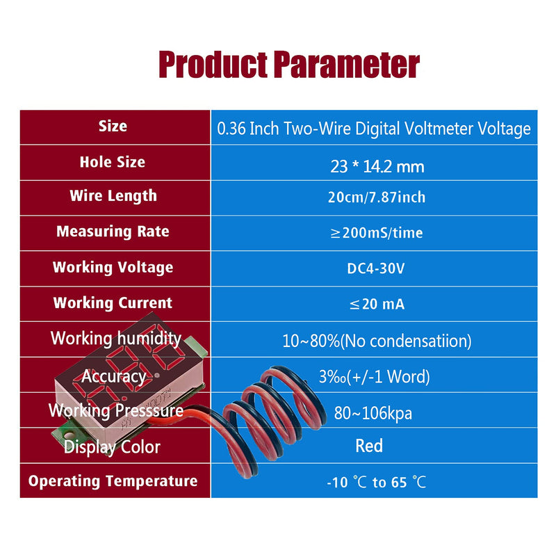 DaFuRui dc Voltage Display，6pcs Mini Digital Voltmeter 0.36 Inch Two-Wire DC 4V-30V Digital Voltmeter Voltage Tester Reverse Polarity Protection and Accurate Pressure Measurement（Red）