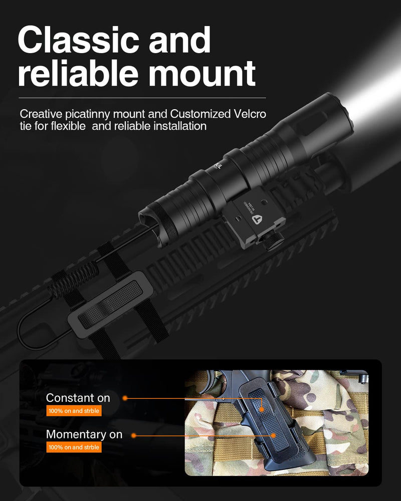 TOUGHSOUL Tactical Flashlight 1250 Lumens Picatinny Rail Mounted Rechargeable Tactical Flashlight with Remote Pressure Switch. LED Weapon Light with Flashlight Mount, Rechargeable Batteries Included