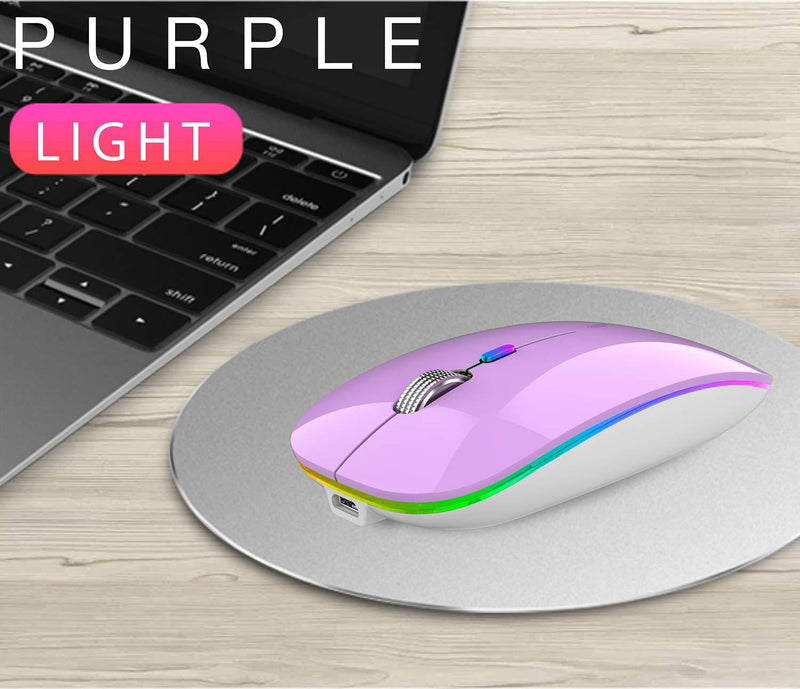 LED Wireless Mouse, G12 Slim Rechargeable Wireless Silent Mouse, 2.4G Portable USB Optical Wireless Computer Mice with USB Receiver and Type C Adapter (Purple) Purple