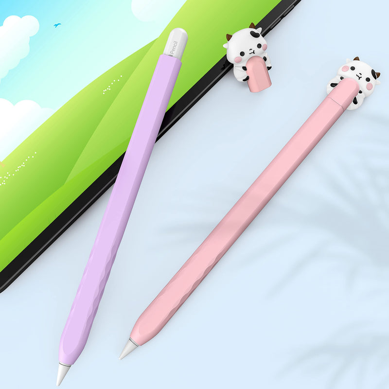 NIUTRENDZ Cute iPencil Case for Apple Pencil 2nd Generation Cover Silicone Sleeve Accessories Protective Skin Compatible with Magnetic Charging and Double Tap (Cow + Pink + Purple) Cow + Pink + Purple
